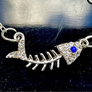Mr Bones fishy necklace silver tone fish and blue eye rhinestone covered gift